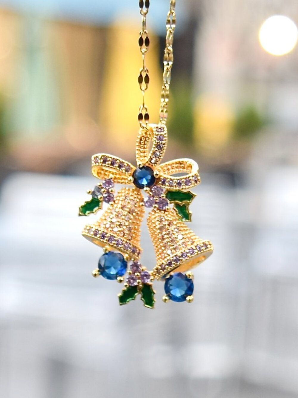 Christmas Blue Bell Charm Necklace - Stainless Steel Chain